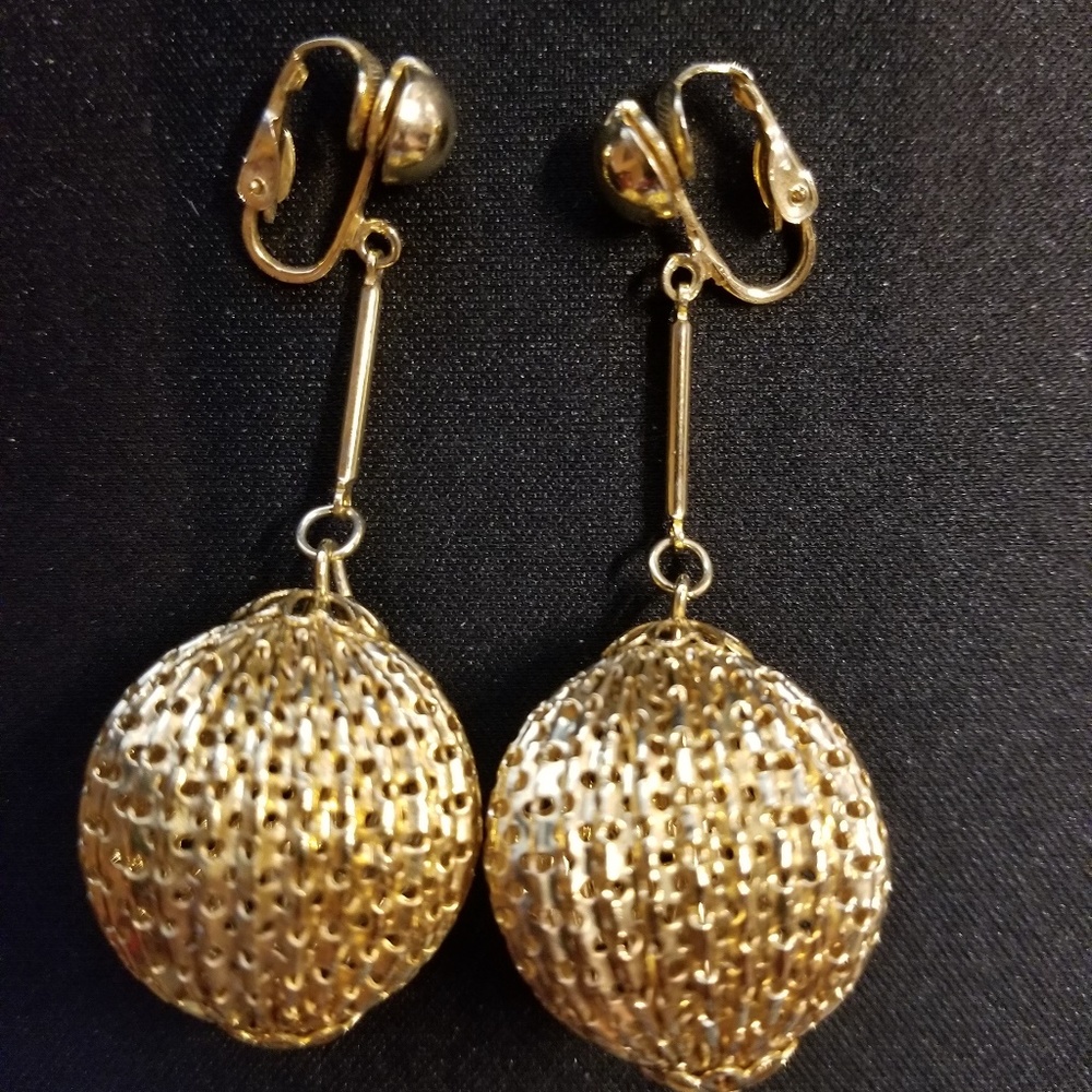 Gold Dangle Clip on Mesh Ball Earrings